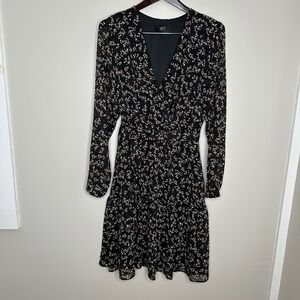 MIST Women's  Black Floral Print Long Sleeve V Neck Wrap Midi Dress Size 50